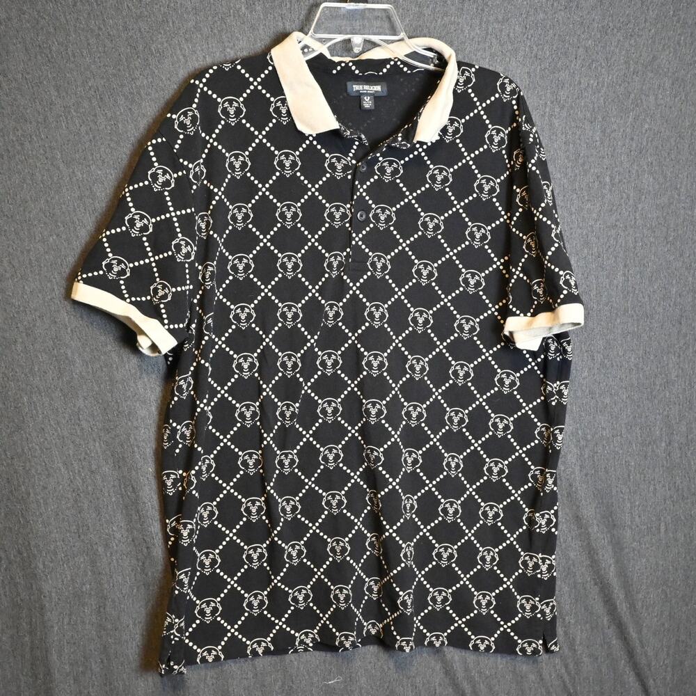 True Religion Men's XL Polo Shirt Short Sleeve All-Over Buddha Print